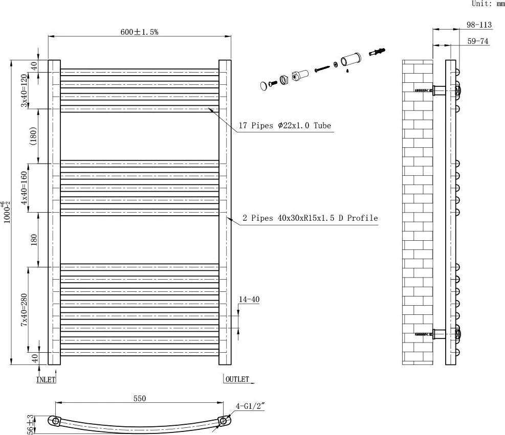 Íves törölközőszárító radiátor 1000x600 mm fekete