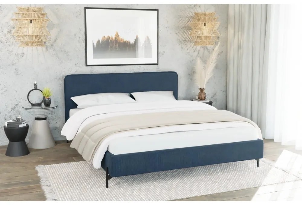 Sötétkék kárpitozott franciaágy ágyráccsal 160x200 cm Barker – Ropez