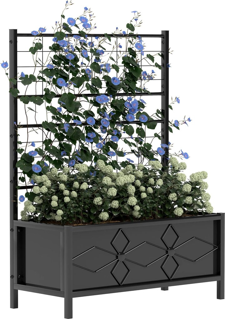Outsunny Emelt Virágágyás Trellisszel, Kerti Emelt Kert, Kültéri Virágbox - gyémánt mintázat, vízelvezető lyukak, horganyzott acél virágágy balkonra,
