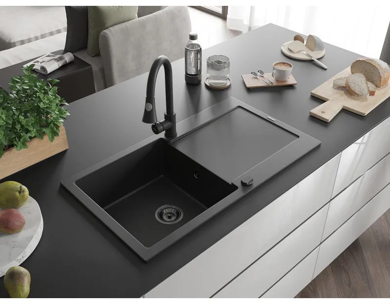 Mexen Leo, 1 kamrás gránit mosogató 900x500x190 mm és Elia mosogató csaptelep, fekete, 6501-77-670101-70-B
