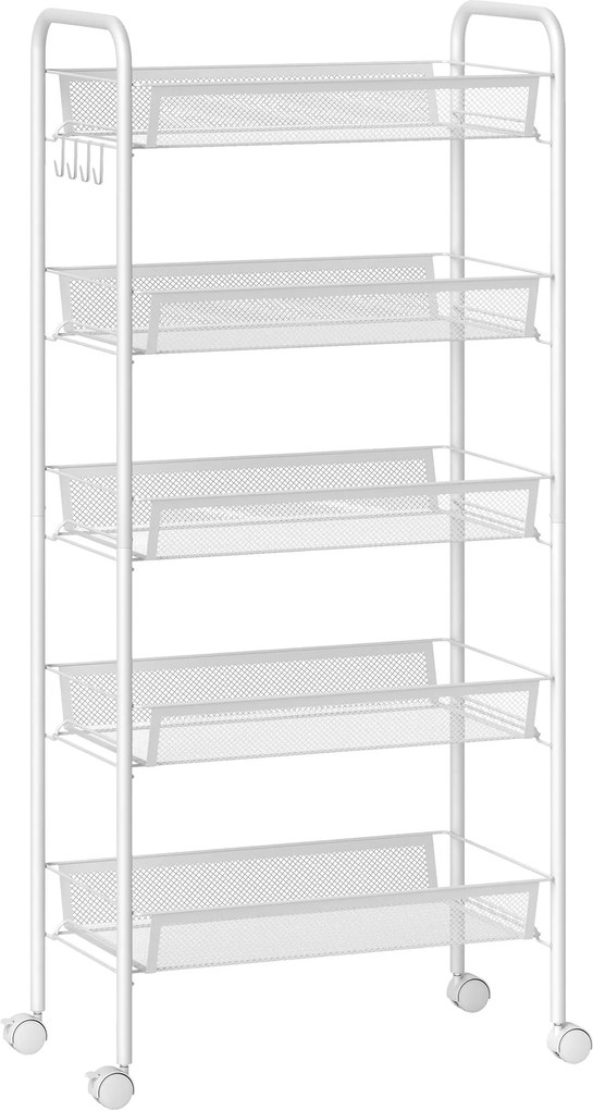 HOMCOM Helytakarékos 5-szintes Konyhai Kocsi Acél Hálós Kosarakkal, Tároló Kocsi Nappaliba és Hálószobába, Acél, 45x26,5x106 cm, Fehér | Aosom
