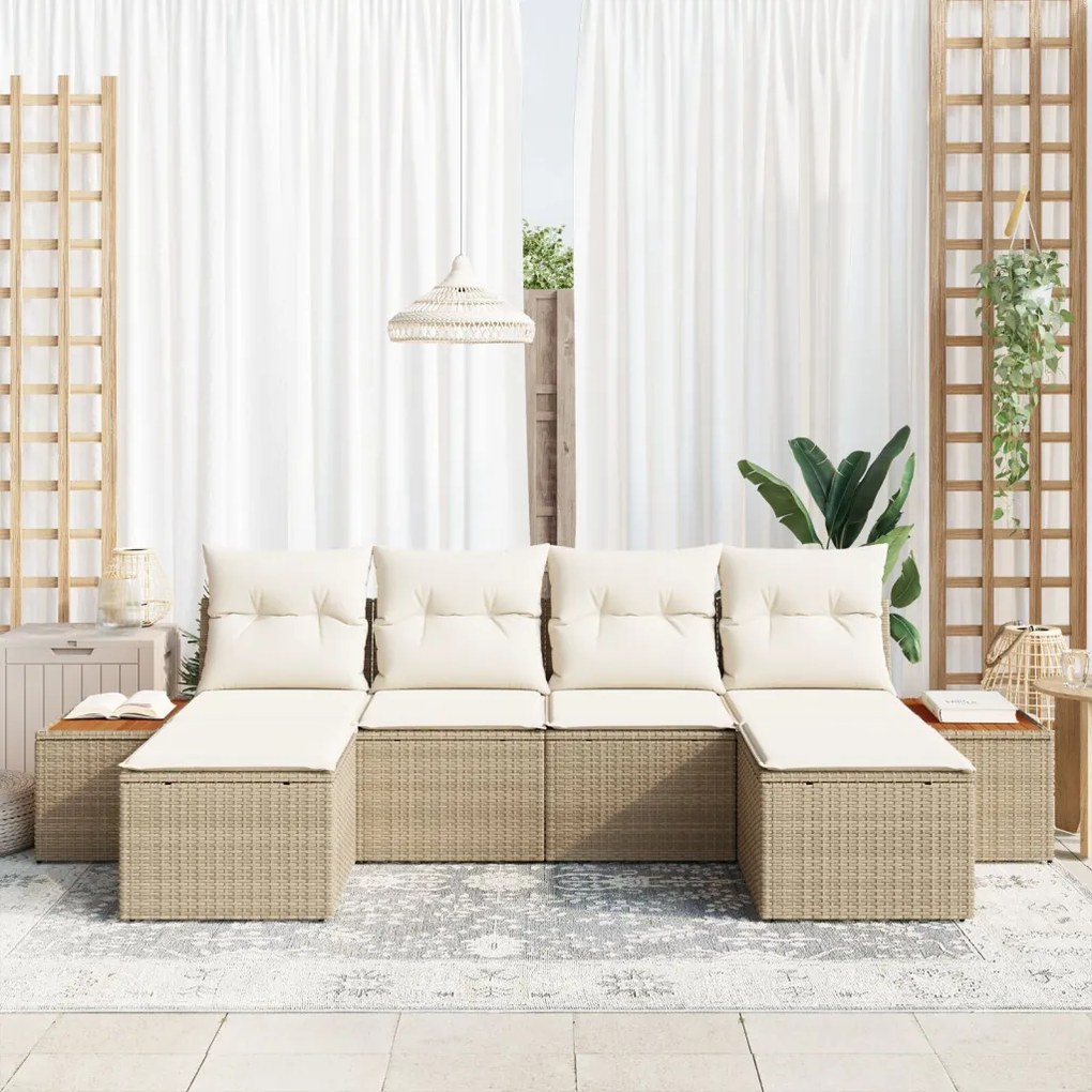 6 darabos kertibútor szett párnákkal Bézs Poli Rattan Acacia