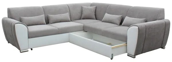 VISEU jobb oldali, L-alakú, ágyneműtartós, ággyá nyitható sarokkanapé, szürke/fehér