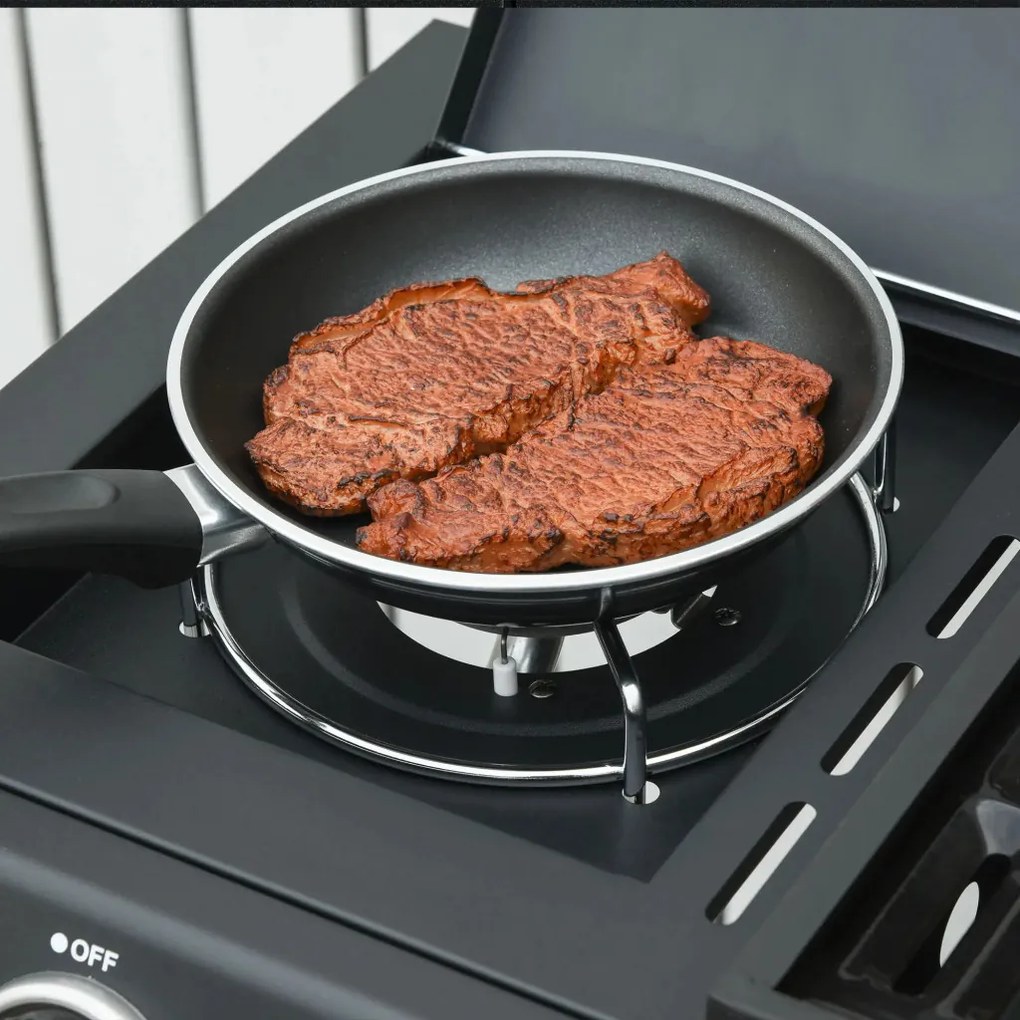 Outsunny Gázgrill 3 fő égővel + 1 oldalsó égővel, tárolópolccal, rozsdamentes acél, fekete