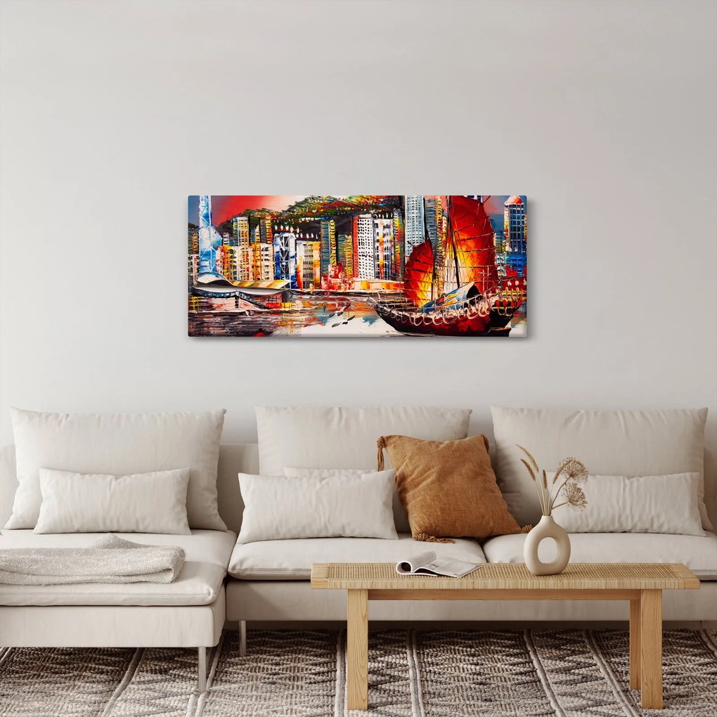 Kép - Victoria Harbour, Hong Kong, olajfestmény (120x50 cm)