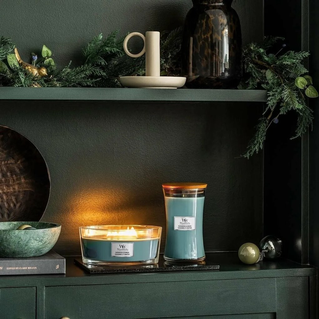 WoodWick illatos gyertya, Evergreen Cashmere hajó,453 g