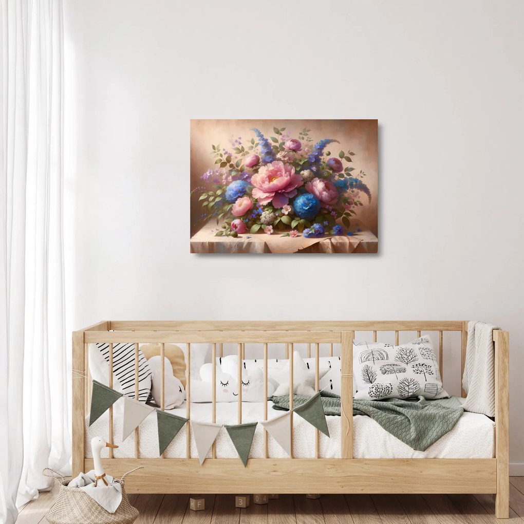 Üveg kép - Asztal tele virágokkal (70x50 cm)