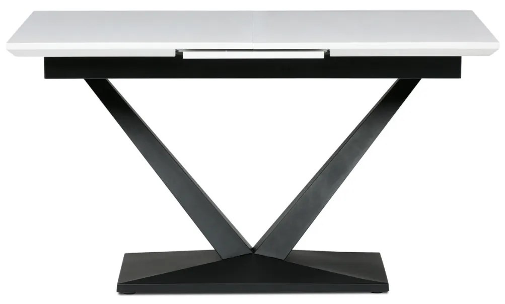 Masă de sufragerie, 140+40x85, cu blat MDF alb mat, picioare metalice negre.