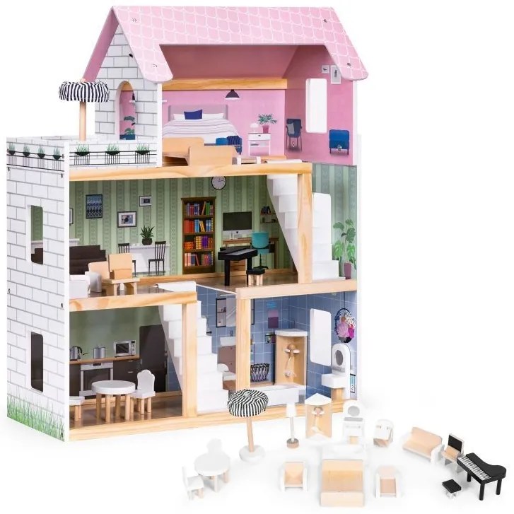Fa babaház, 3 emelet, terasz 15 darab bútorral ECOTOYS