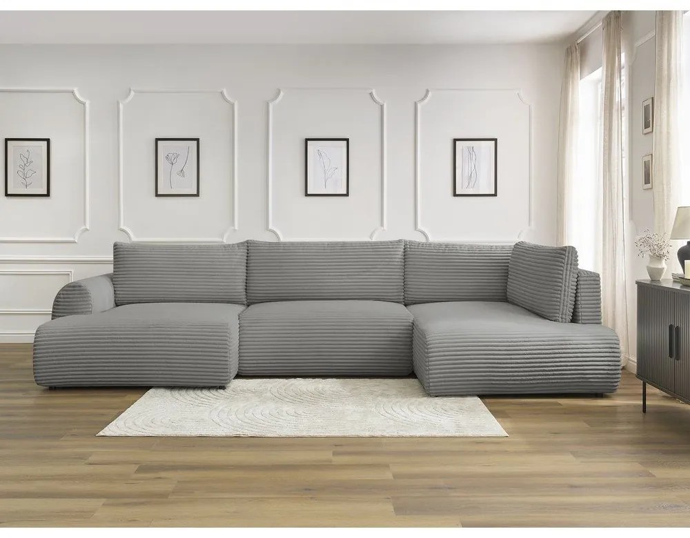 Sötétszürke kordbársony kinyitható-tárolóhelyes sarokkanapé (jobb oldali-U alakú) Lucien – Bobochic Paris