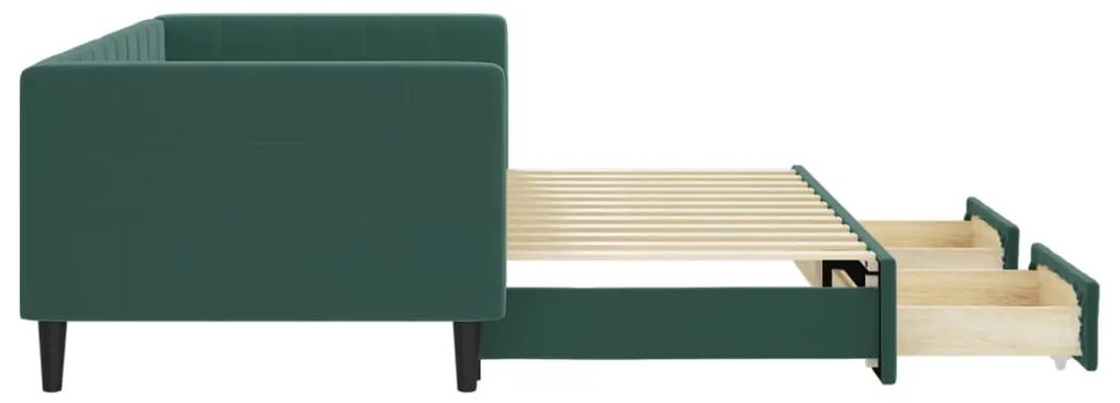 sötétzöld kihúzható bársony heverő fiókkal 90 x 200 cm