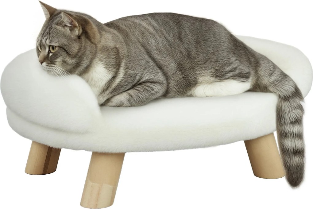 PawHut Kutya Kanapé, Kutya Ágy, Emelt Dizájnú Háziállat Kanapé, Kutya Dívány, Macska Kanapé, Kutya Szék Fa Lábakkal, Plüss, Krém, 47 x 40 x 20 cm | Ao