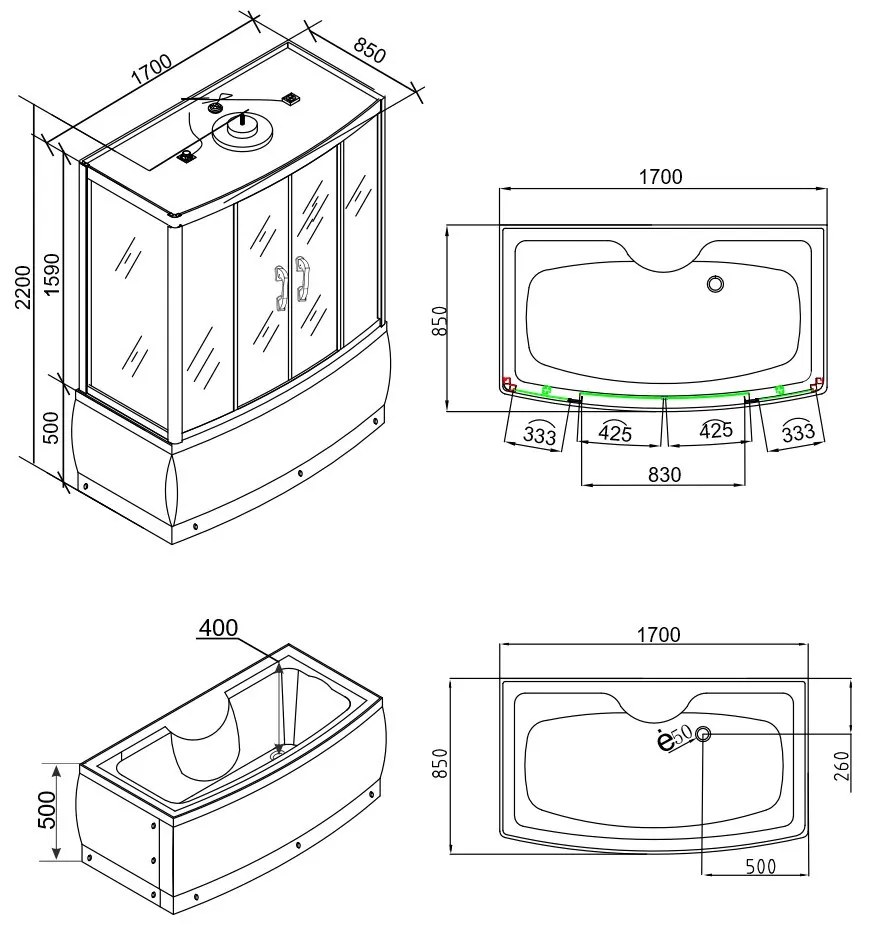 Emilia 85x170 cm hidromasszázs kádkabin elektronikával Black