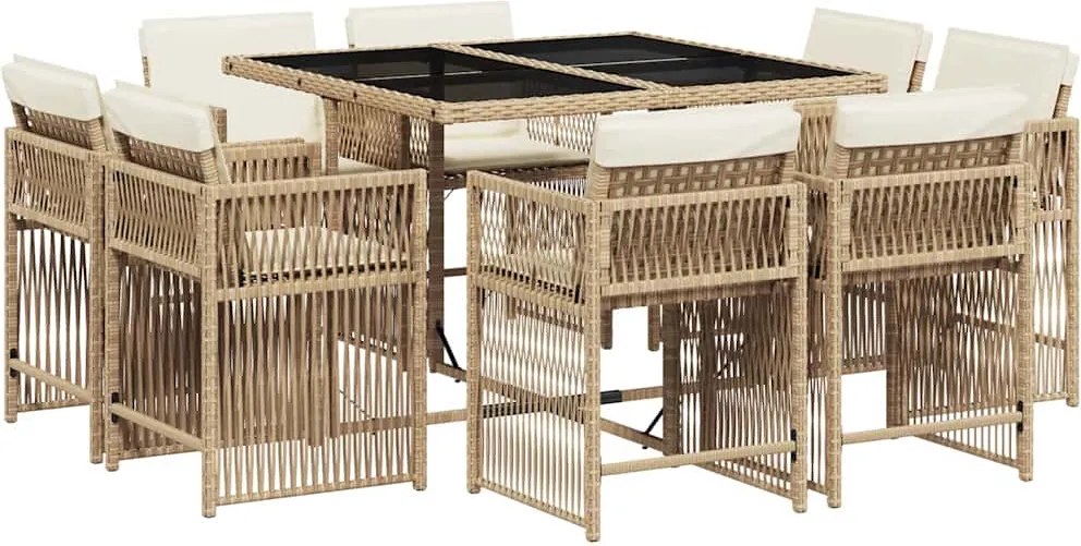 vidaXL 9 részes bézs polyrattan kerti étkezőgarnitúra párnákkal