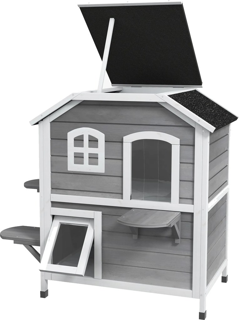 PawHut Fa Macska Ház 2 Szintes Télálló Vízálló Macska Menedék Aszfaltozott Tetővel Összecsukható Tető Lépcső Cica Barlang Szabadtéri Menedék Kerti Erk