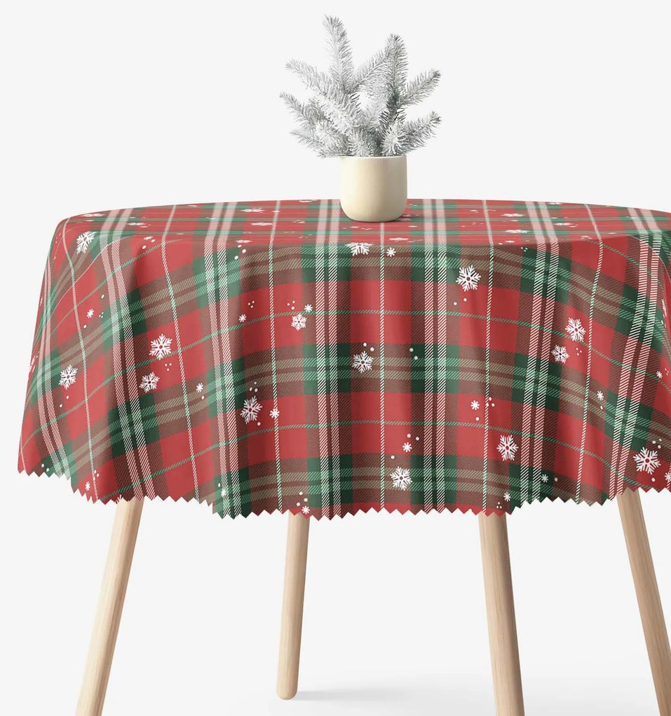 Goldea karácsonyi kör alakú teflonos terítő - piros kockás hópelyhekkel Ø 150 cm