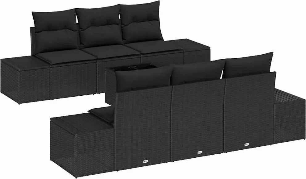 vidaXL Kerti Kanapé Szett párnával 7 pcs Fekete polirattan