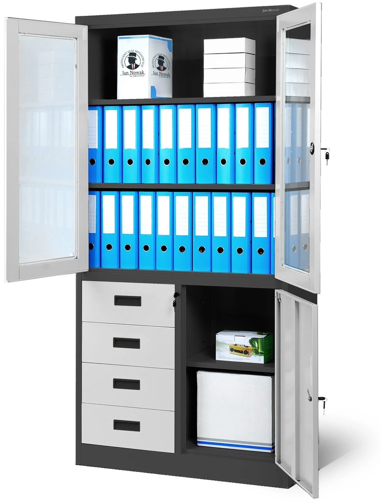 Fém iratszekrény vitrinnel és fiókokkal WIOLA, 900 x 1850 x 400 mm, antracit-fehér