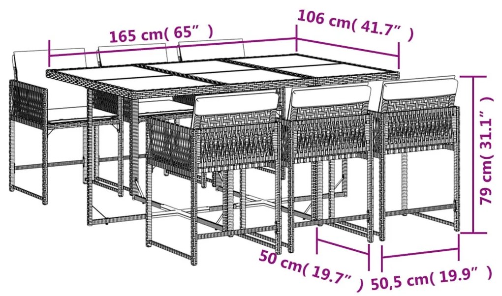 7 részes fekete polyrattan kerti étkezőgarnitúra párnával