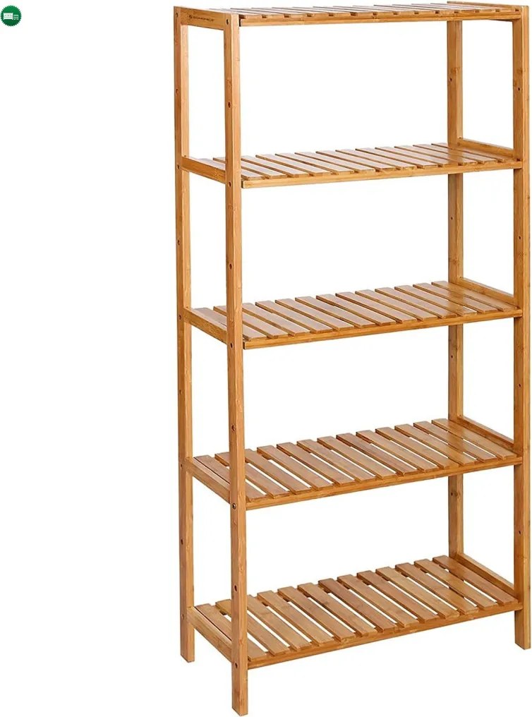 Bambusz polc fürdőszobai, konyhai tároló 5 szintes, natúr 130x26x60cm