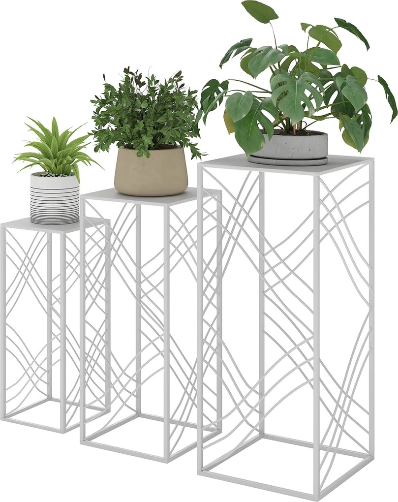 Outsunny 3 részes egymásra rakható virágtartó készlet — porfestett fém, fehér; magasságok 50/60/70 cm; teherbírás: 30/20/10 kg | Aosom