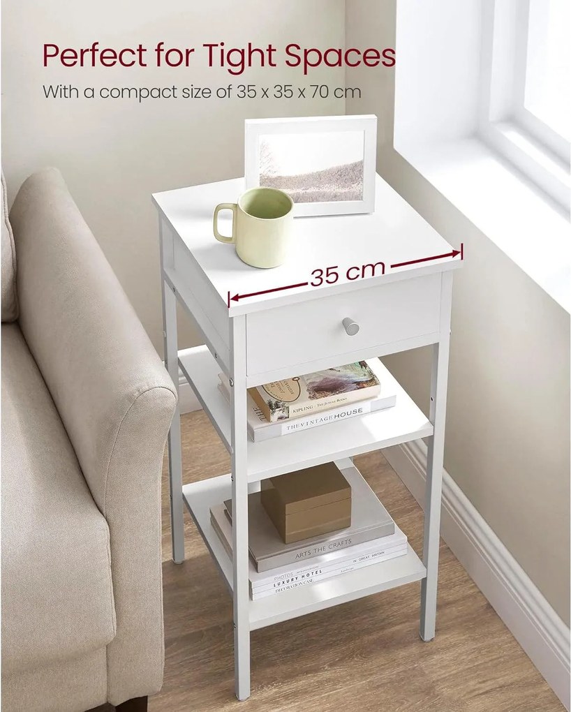 Lerakó asztal, éjjeli szekrény, fiókos, két polccal, 35 x 35 x 70 cm, fehér