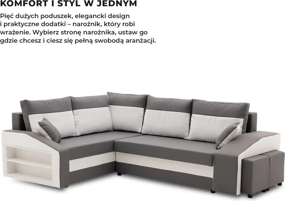 Grande sarokkanapé polcokkal és puffokkal , polc a bal karfaban puffok a jobb karfaban, baloldali, szövet anyag, hab töltet, szürke - fehér