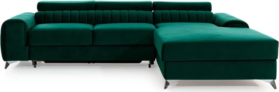 Zöld bársony kinyitható-tárolóhelyes sarokkanapé (jobb oldali-heverő résszel) Grayson – ELTAP