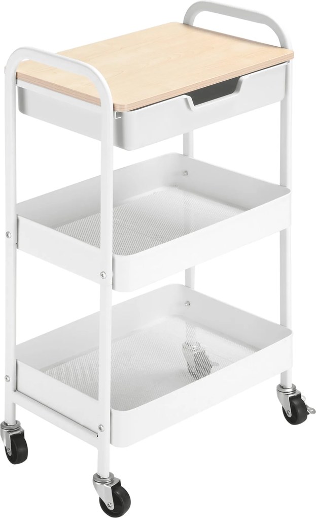 HOMCOM Kerekes Konyhai Kocsi Tároló Kocsi Levehető Fiókkal, 2 Kosárral és Fékezhető Kerekekkel fürdőszobába, nappaliba, hálószobába 43.9x30.5x75.6 cm