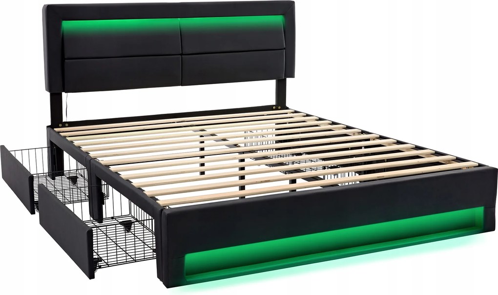 Kárpitozott franciaágy 140 x 200 cm 4 fiókos Led Usb Pu