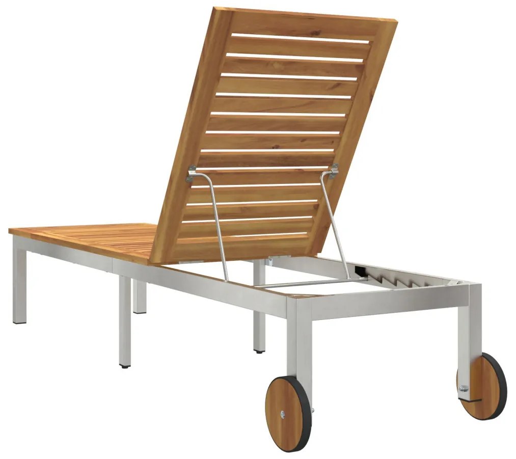 Napozóágy Kerekekkel 207x58x35 cm Tömör Akácfából és Rozsdamentes Acélból