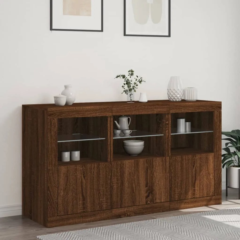 barna tölgy színű tálalószekrény LED-ekkel 123 x 37 x 67 cm