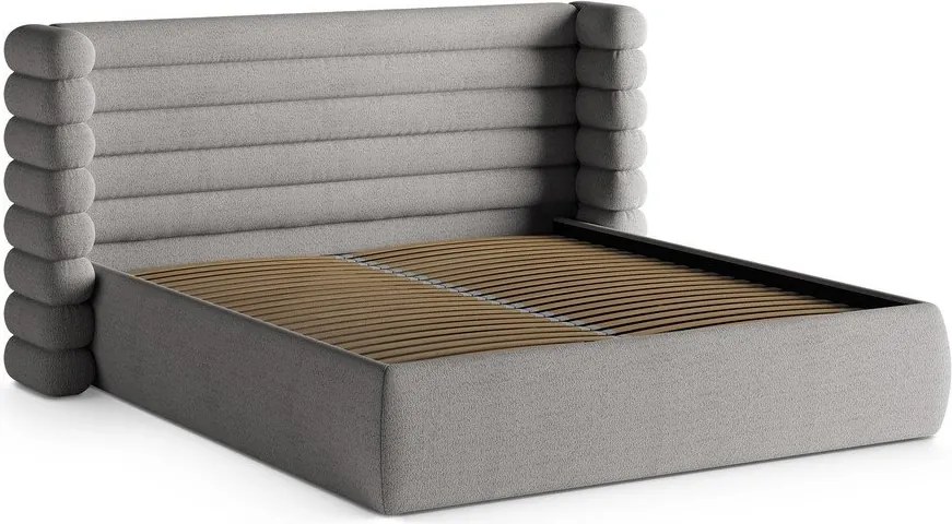 Szürke kárpitozott ágyneműtartós franciaágy ágyráccsal 200x200 cm Mount – Micadoni