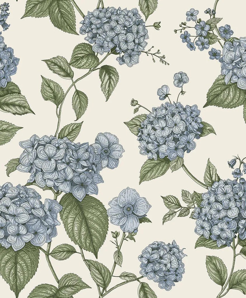 Holden Decor Wanderlust Hortensia kék-zöld virágos vlies tapéta – 92121