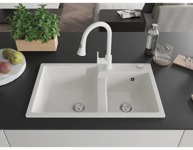 Mexen Tomas, 2 kamrás gránit mosogató 800x500x190 mm és Elia mosogató csaptelep, fehér, 6516-20-670101-20
