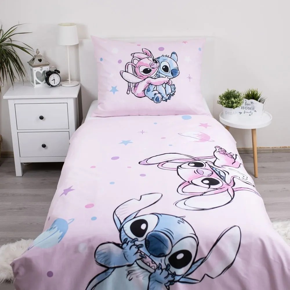 Rózsaszín egyszemélyes pamut gyerek ágyneműhuzat 140x200 cm Lilo a Stitch "Universe" – Jerry Fabrics