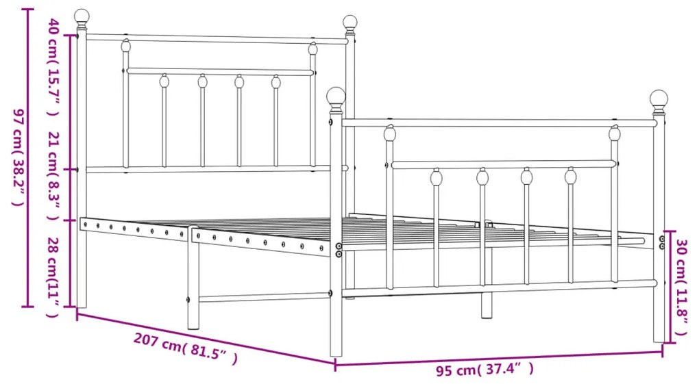 fekete fém ágykeret fej- és lábtámlával 90 x 200 cm