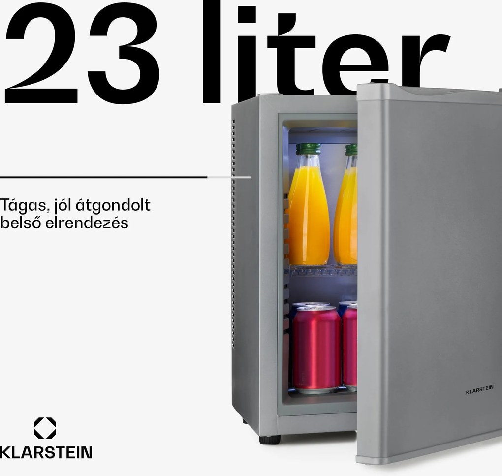 Klarstein Happy Hour 23, minibár, 23 liter, 5 - 15 °C, G energiahatékonysági osztály, csendes, 23 dB, LED világítás, ezüst