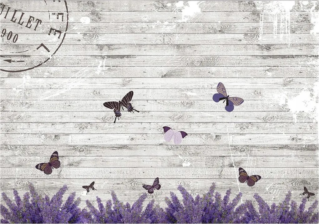 Fotótapéta Levendula Pillangók Deszka Vintage 254x184 vinil +ragasztó