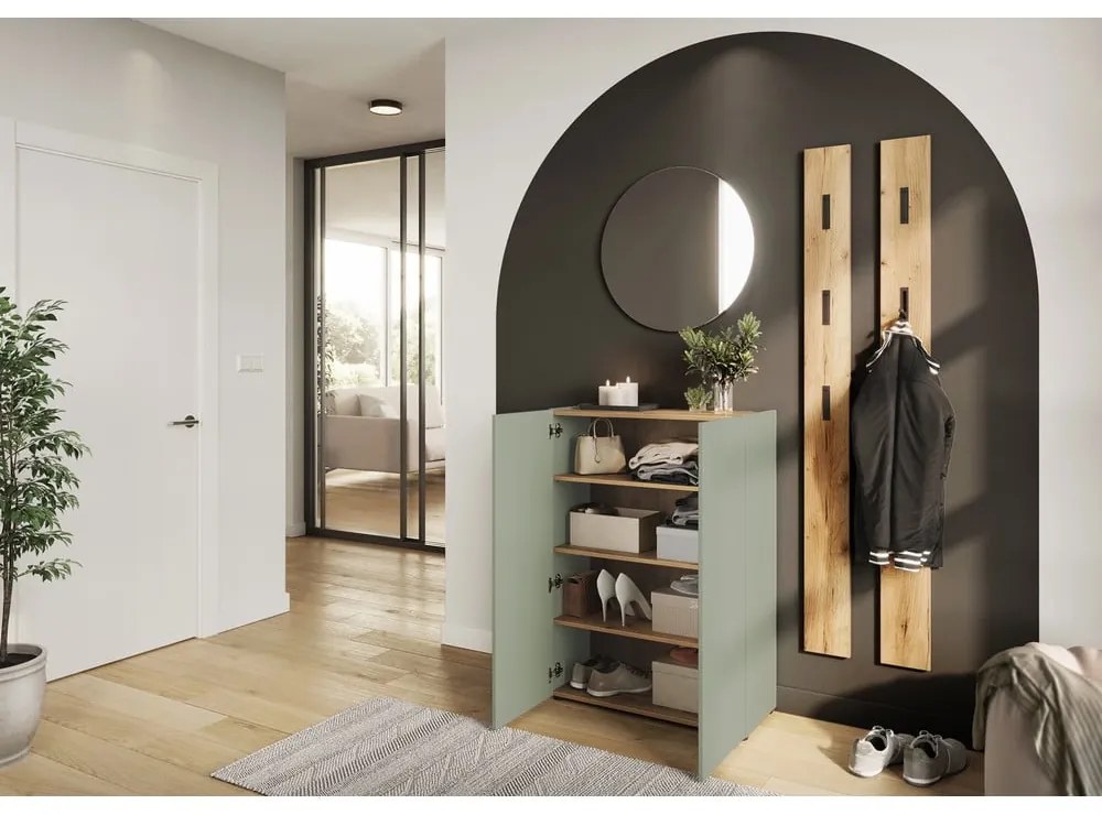 Világoszöld előszoba bútor tölgyfa dekorral 74x200x33 cm Alviano – Germania