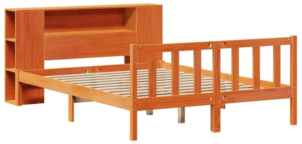 barna tömör fenyőfa könyvespolcos ágy matrac nélkül 140 x 190cm
