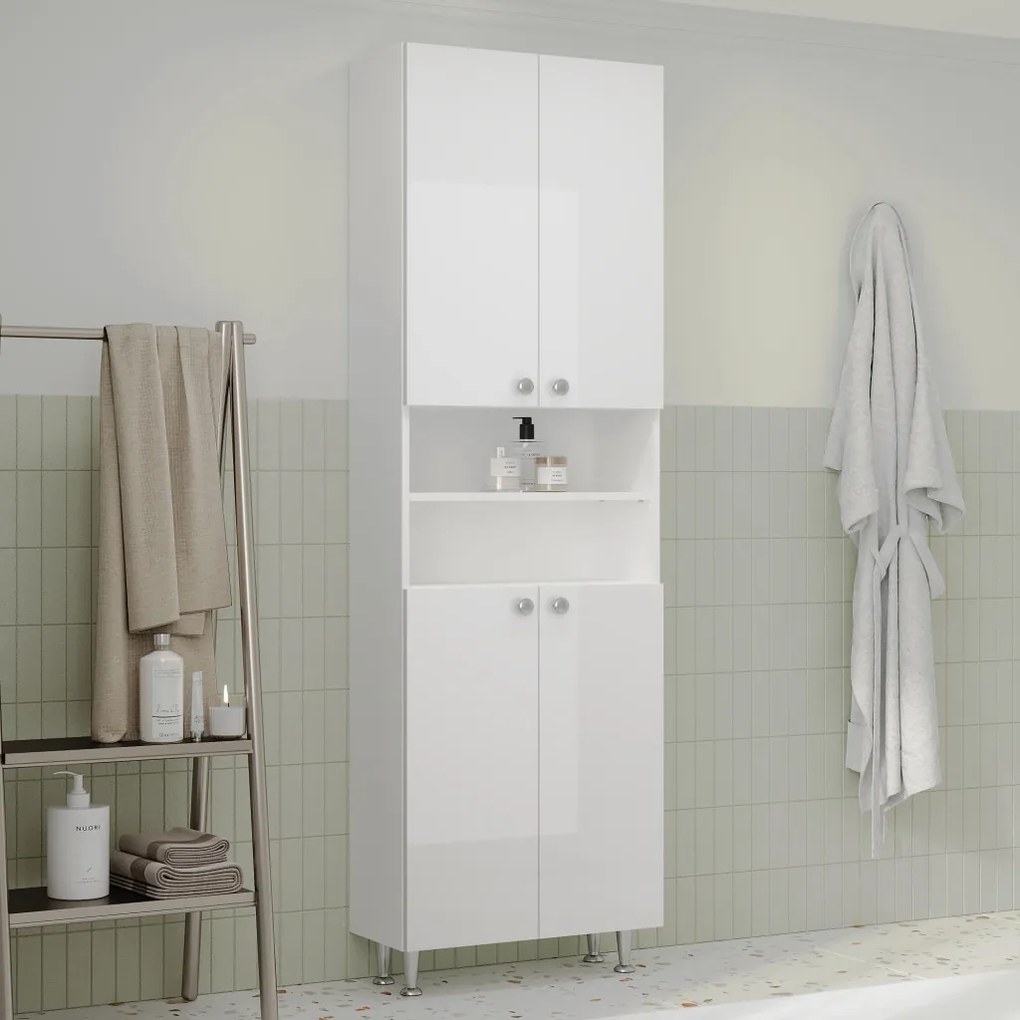 Zaria 4 ajtós fürdőszobai magasszekrény, Fényes fehér / Fehér, MDF, 60 x 27 x 190 cm
