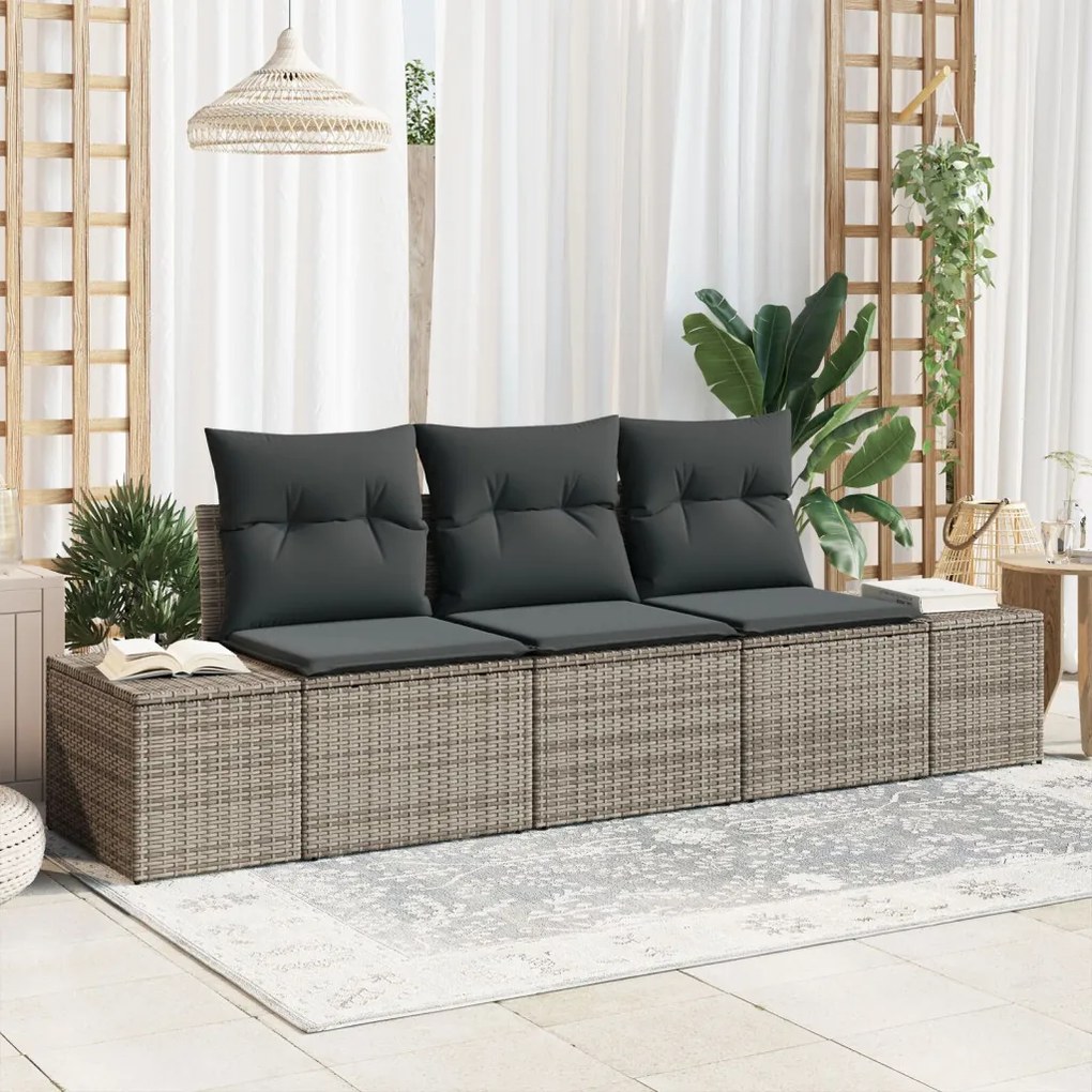 3 darabos kert kanapé szett párnákkal, szürke, poly rattan