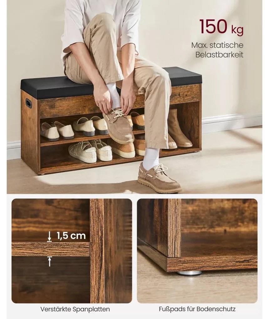 Cipőtároló pad, párnázott ülőfelülettel, felnyitható, rusztikus barna 100x30x44cm