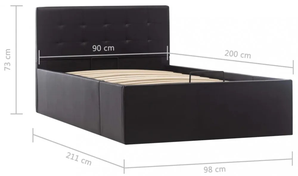 fekete műbőr ágykeret hidraulikus ágyneműtartóval 90 x 200 cm
