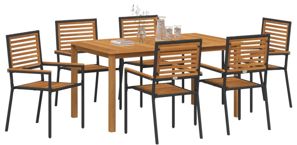 7 részes kert étkező szett fekete polyrattan akáciával, Stackelhető kerti székek párnákkal 2 db fekete polyrattan