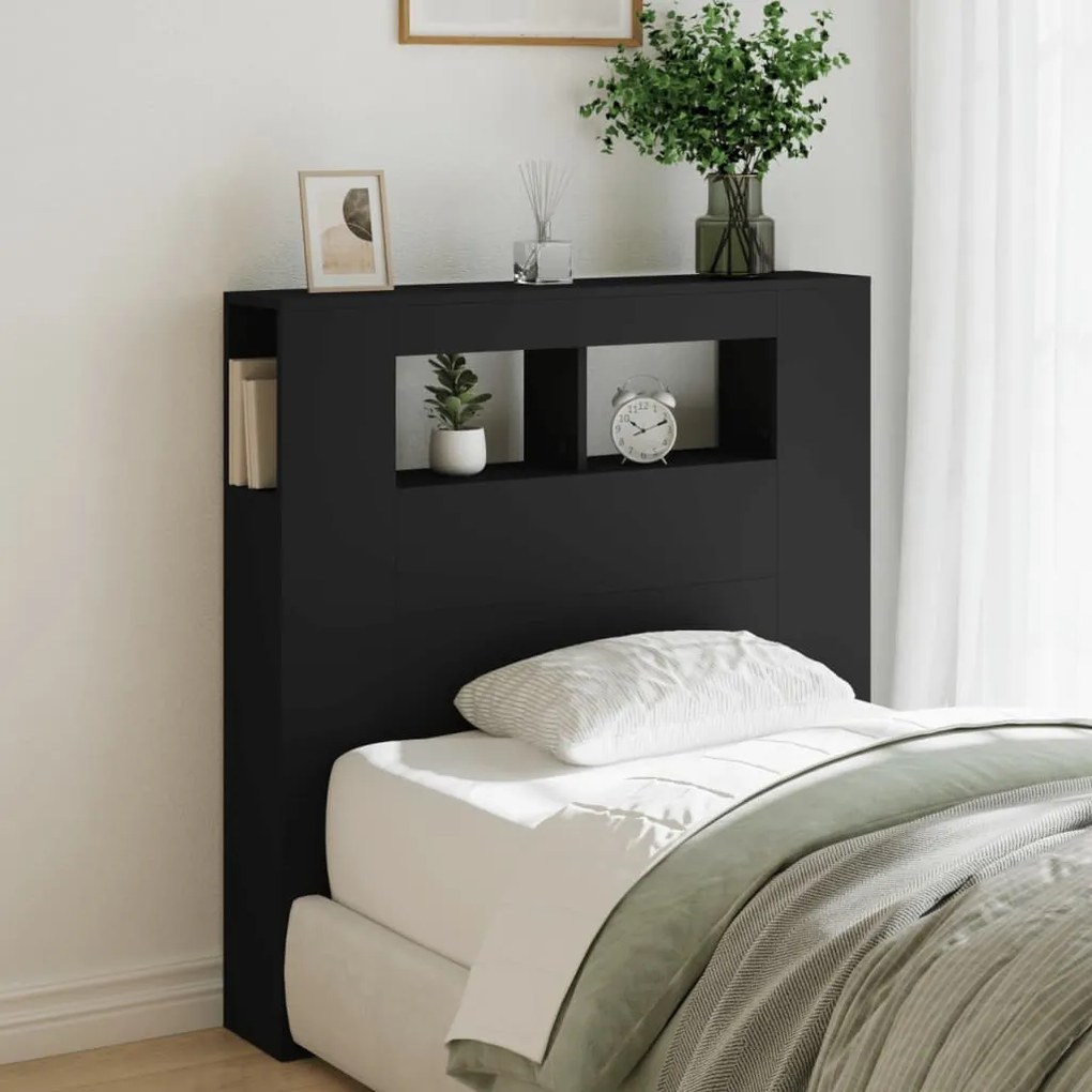 fekete szerelt fa LED-es fejtámla 100x18,5x103,5 cm