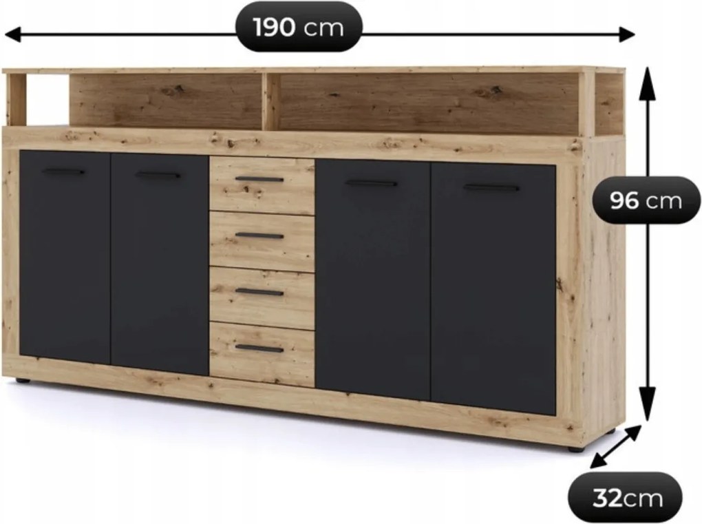 Komód 190 cm méretben, artisan tölgy/fekete színben BLAGO