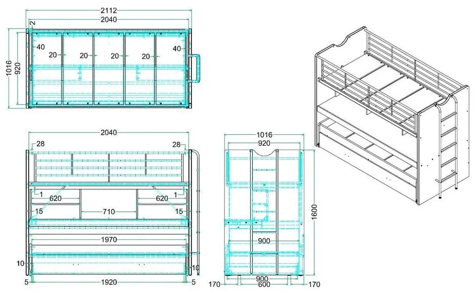 Fehér emeletes ágyneműtartós gyerekágy kihúzható pótággyal, ágyráccsal 90x200 cm Bonny – Vipack