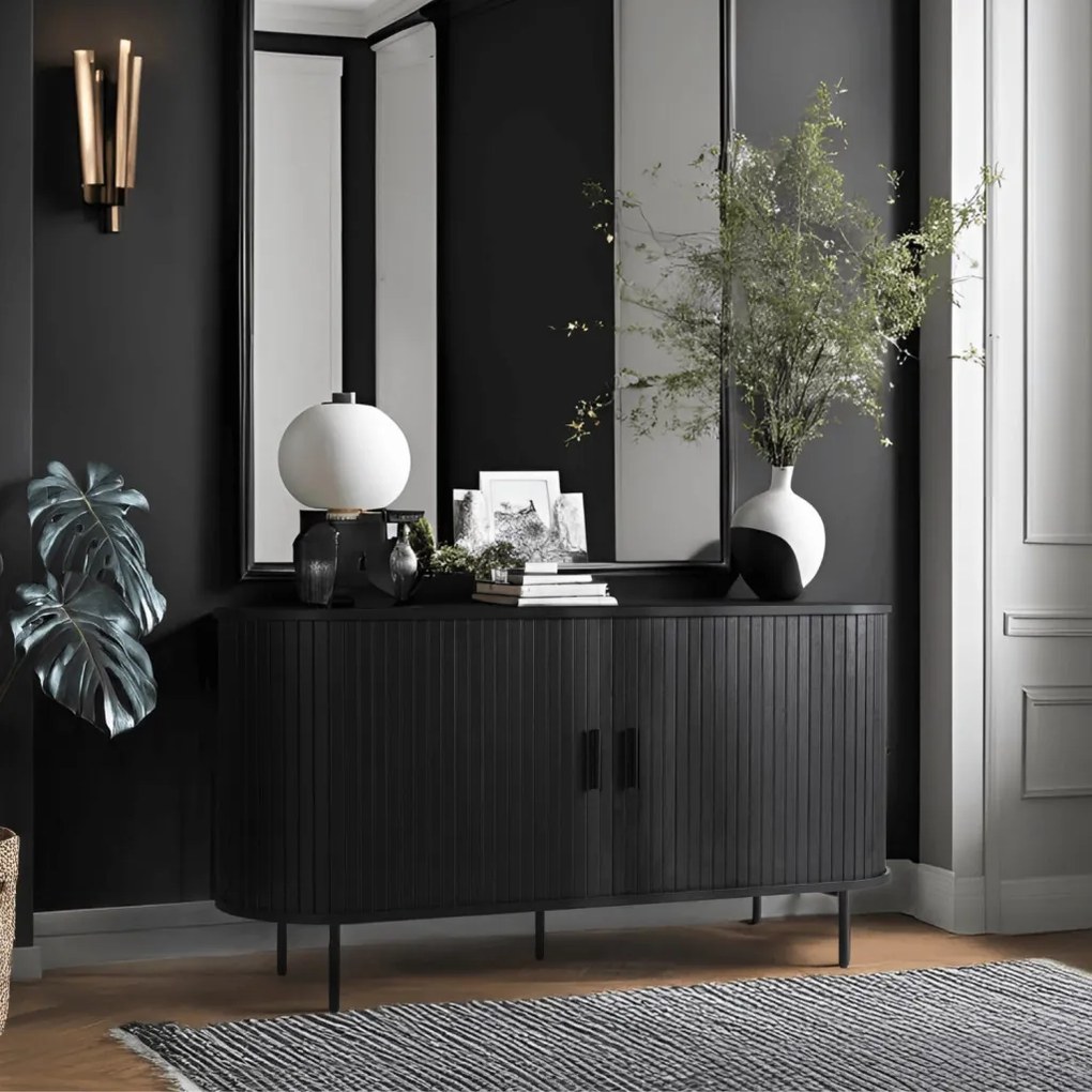 TRISH komód 140 cm, kétajtós, tolóajtós, fekete